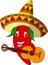 Red Chili Pepper Cartoon Character With Mexican Hat And Mustache Playing A Guitar