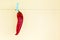 Red chili pepper with clothespins hanging on rope