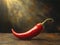 Red chili pepper with water droplets on rustic table