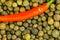 Red chili peppers large pod spicy vegetable on a background of large black peppercorns culinary base background