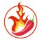 Red chilli pepeer and fire. Flamed hot spiced pepper pod. Red burning pepper icon in cartoon style.