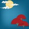 Red Chinese folding fans on blue sky with full moon and clouds background with your copy space