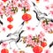 Red chinese lantern in spring pink flowers - apple, plum, cherry, sakura and dancing crane birds. Seamless pattern