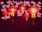 Red Chinese lanterns hanging in the park. Sakura. Round shape with patterns.