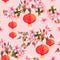 Red chinese lanterns, spring blossom flowers. Seamless pattern. Watercolor