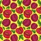 Red chinese plum watercolor seamless pattern. Fresh fruit on yellow background