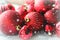 Red Christmas background, bunch of balls for Christmas tree close up, Christmas decorations. Christmas card, and new year, congrat