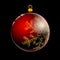 Red Christmas ball, bauble, Xmas glass colorful decoration isolated on black background. 3D. Vector illustration