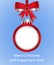 Red Christmas ball with bow cutted from paper on blue background