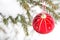 A red Christmas ball on a branch of a natural spruce covered with snow. Christmas, New year outdoor. Snowfall, festive mood of