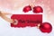 Red Christmas Ball Ornament, Snow, Label, Frohe Weihnachten Mean Merry Christmas
