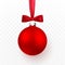 Red Christmas ball with red bow. Xmas glass ball on transparent background. Holiday decoration template. Vector illustration