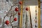 Red christmas balls at a branch in front of a stone wall, reflections in a mirror with golden frame, loft apartment