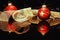 Red christmas balls with golden metal ribbon