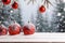 Red Christmas balls hanging and standing on white wooden board ground covered with snow.