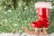 Red christmas boot on a sled. Christmas background