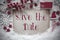 Red Christmas Decoration, Snow, English Text Save The Date