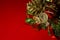 Red Christmas decorations. Pinecone, gifts, little details.