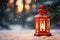 Red Christmas lantern over blurred winter background with falling snow. Generative AI