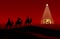 Red Christmas Nativity scene. Greeting card background.