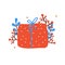 Red Christmas present. New Year red giftbox decorated with berries, winter branches for seasonal celebration design