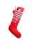 Red Christmas stocking full of gift boxes on white background.