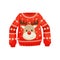 Red Christmas sweater, knitted warm jumper with cute reindeer vector Illustration on a white background