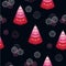Red christmas trees with bright fireworks on dark background seamless pattern. New Year`s decoration.