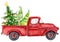 Red Christmas truck with pine trees New year watercolor illustration