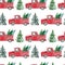 Red Christmas truck seamless pattern on white background. Holiday motif, vintage red pickup car with pine fir trees. Hand drawn