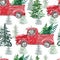 Red Christmas truck seamless pattern on white background. Holiday motif, vintage red pickup car with pine fir trees and snow