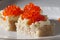 Red chum salmon caviar appetizer, traditional festive Russian food,,