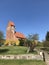 Red church on a hill in Poland, Slawsko