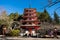 Red Chureito pagoda stands alone in morning