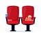 Red cinema armchair with soda, popcorn and 3d glasses. Cinema poster, banner design for movie theater. Vector illustration