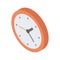 Red circle wall watch with arrows isometric vector illustration. Rounded clock for time checking