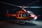 Red civil business helicopter on a dark black background in a hangar. AI generated.