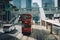 Red classic tram in the street of Hong Kong in the afternoon sunlight.