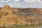 Red clay erosion gully and river. Eroded landscape. Spain