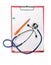 Red clipboard with blue stethoscope and pen. Health diagnostic concept