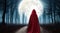 Red cloaked figure on a path in the winter forest with a full moon generative ai illustration