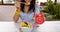 Red clock  in lunch time and woman at the kitchen background-Heathy eating diet concept