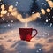 a red coffee cup is lit on the snow with some fairy lights