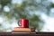 Red coffee cup placed on old wooden books background natural