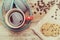 Red coffee cup, Vintage headphone and chocolate chip cookies
