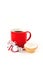 Red Coffee Mug with Jingle Bells and Mince Pie on White
