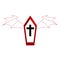 Red Coffin with White Wings for your Design, Game, Card. Black Cross. Halloween Elements.Vector Illustration.