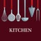 Red color background with different utensils of kitchen hanging
