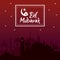 Red color starry background with silhouette Eid Mubarak with mosques arab city and hand drawn calligraphy lettering