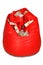 Red colored bean bag with currency notes